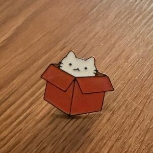 Women’s Accessories Cute White Cat in Box Enamel Pin- White, Black, and Orange